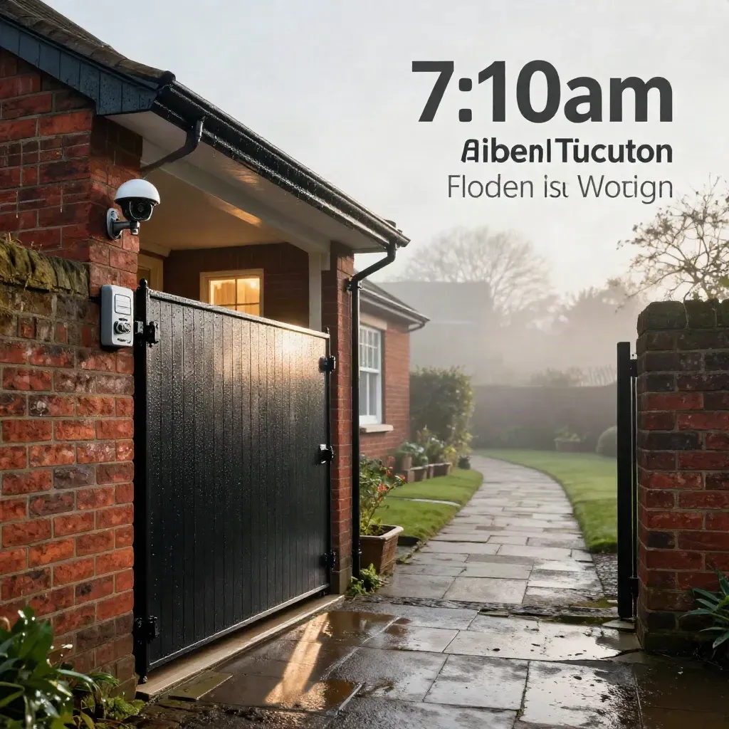 Red-brick UK semi with CCTV, alarm box, matte-black gate and wet path in misty morning light.