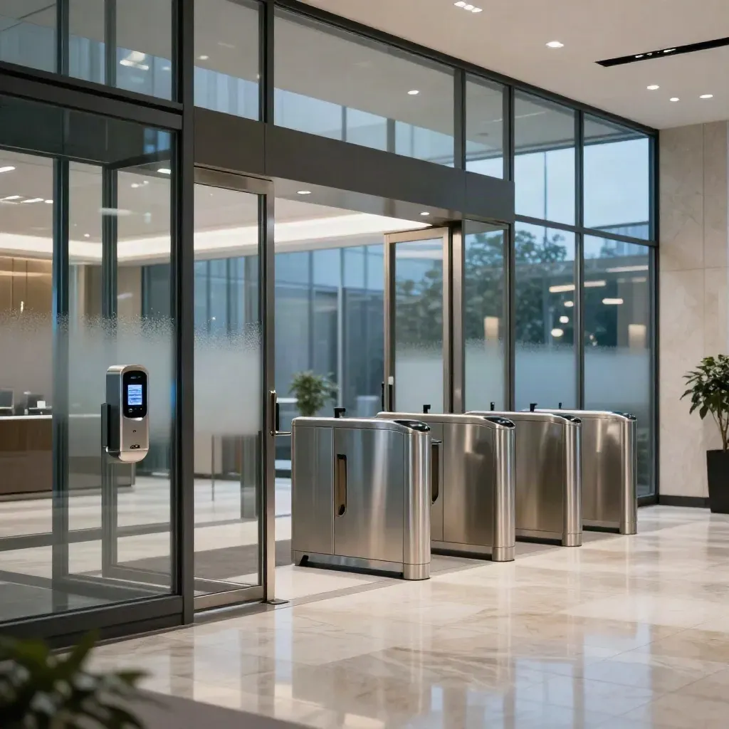 Blue-hour glass office lobby with RFID reader, swing doors and turnstile