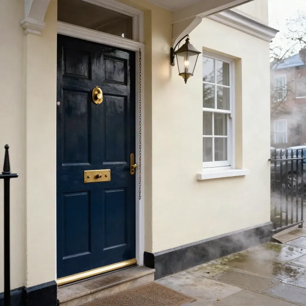 Victorian front door half-latched as a porch light snaps on, with chain, side window and wet steam.