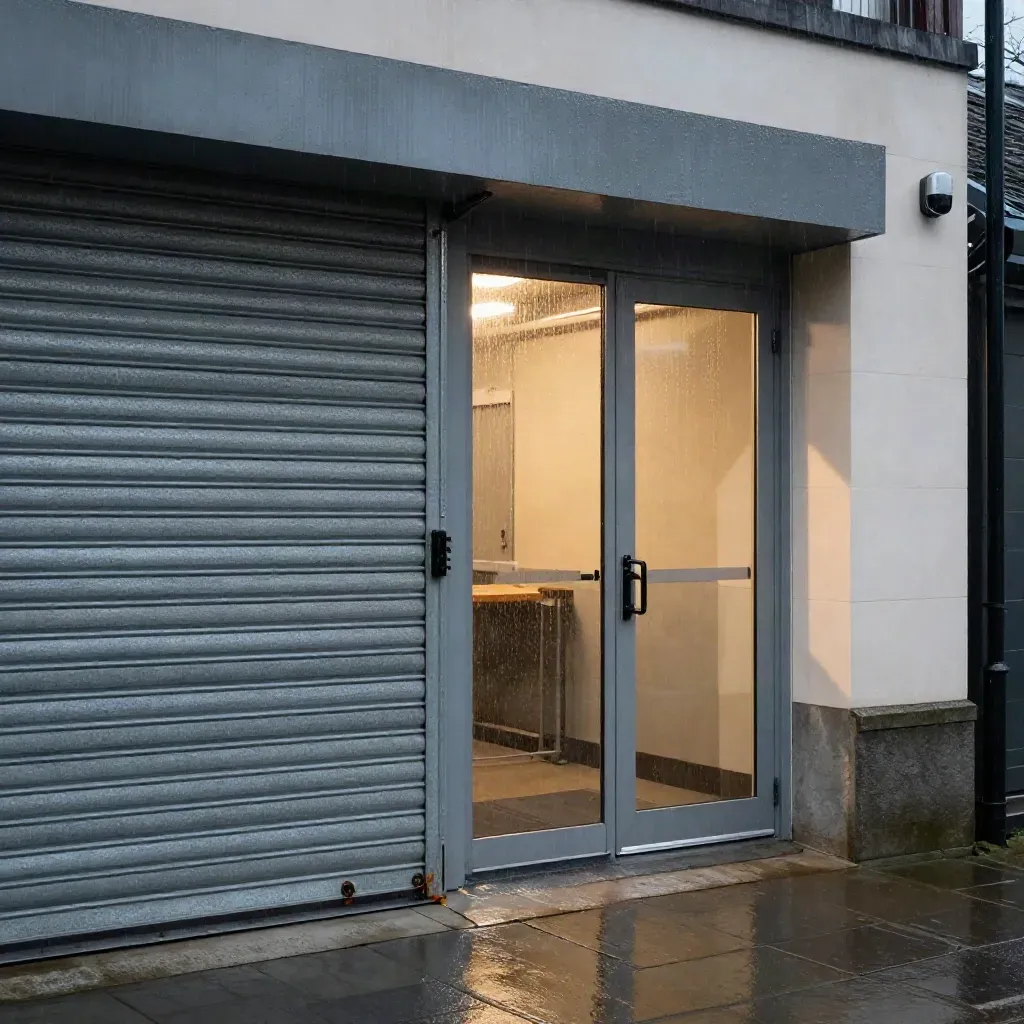 Rainy workshop entrance with shutter, siren box and glass door in warm sodium light.