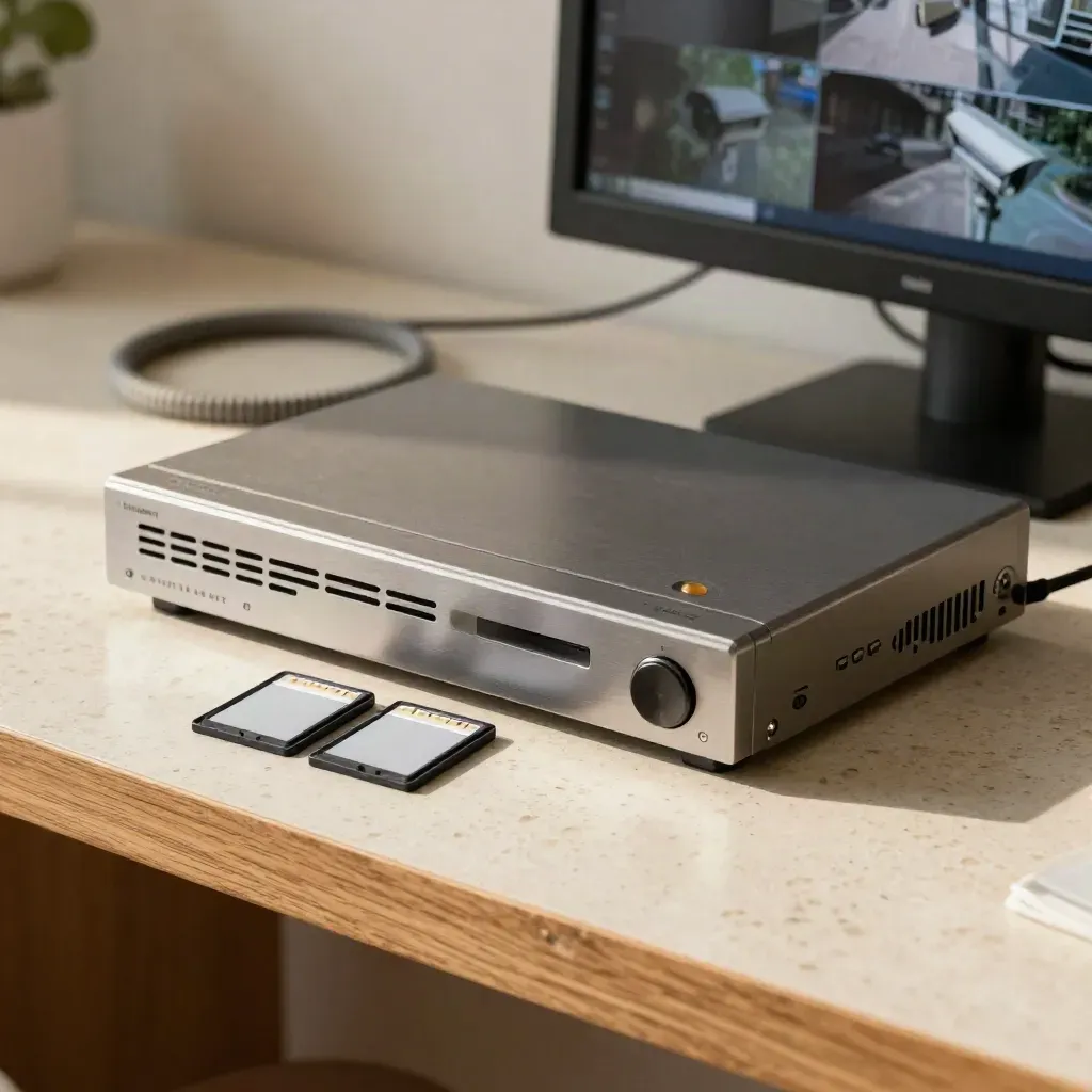 CCTV recorder, two data cards, and glowing monitor on a travertine worktop