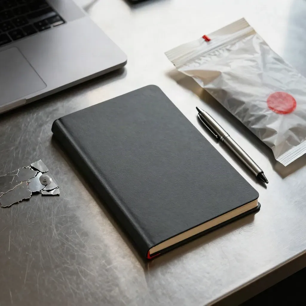 Closed incident logbook, damaged door escutcheon, pen and evidence bag on a steel desk.