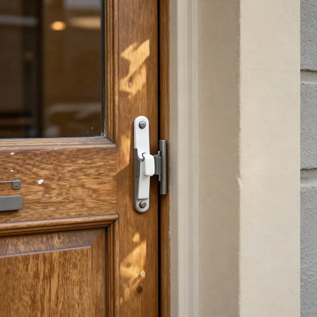 Close-up of a timber door edge with exposed hinges, latch strike and side gate catch