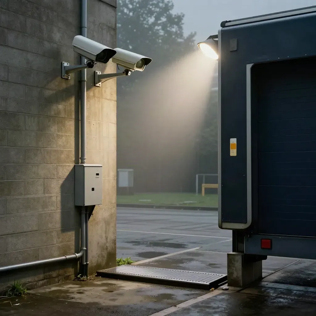 Warehouse corner with two CCTV cameras, a security lamp, and a misty blind alley.