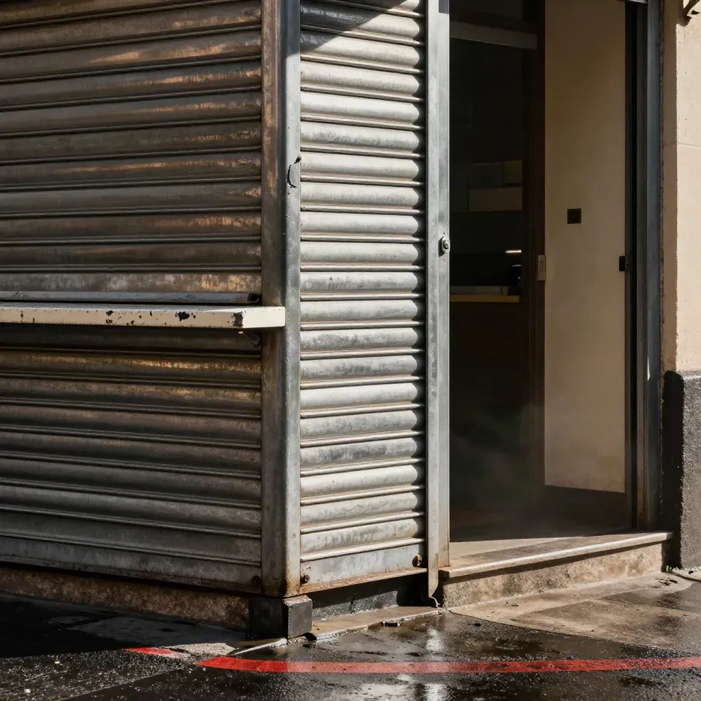 Half-raised shop shutter, till edge and stock-room doorway in a damp, cinematic entrance