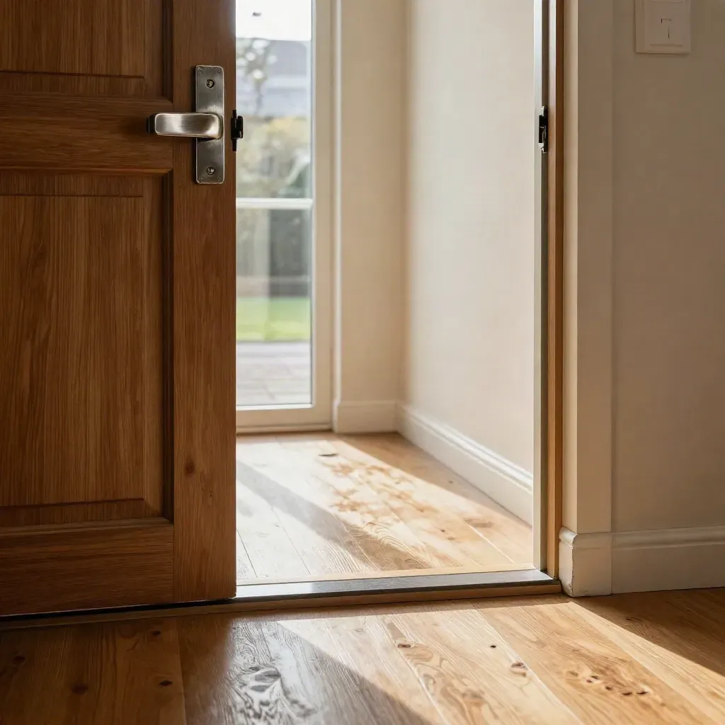 Floor-level view of a front door threshold with latch, hinge line and side path seen through glass.