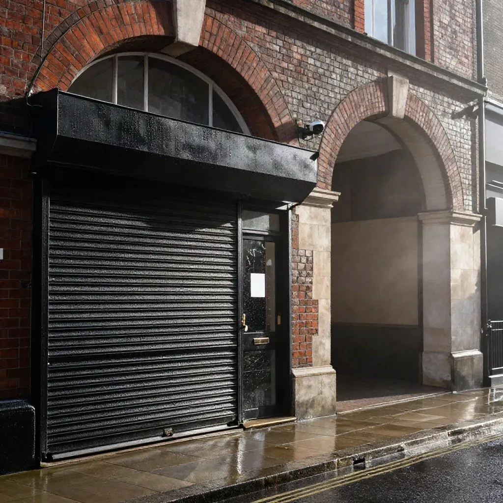 Rain-darkened London shopfront under brick arches with shutter, CCTV dome and wet reflections.