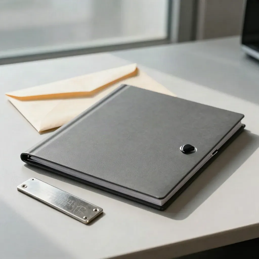 Closed incident log folder, pen, evidence envelope and scuffed door plate on a desk.
