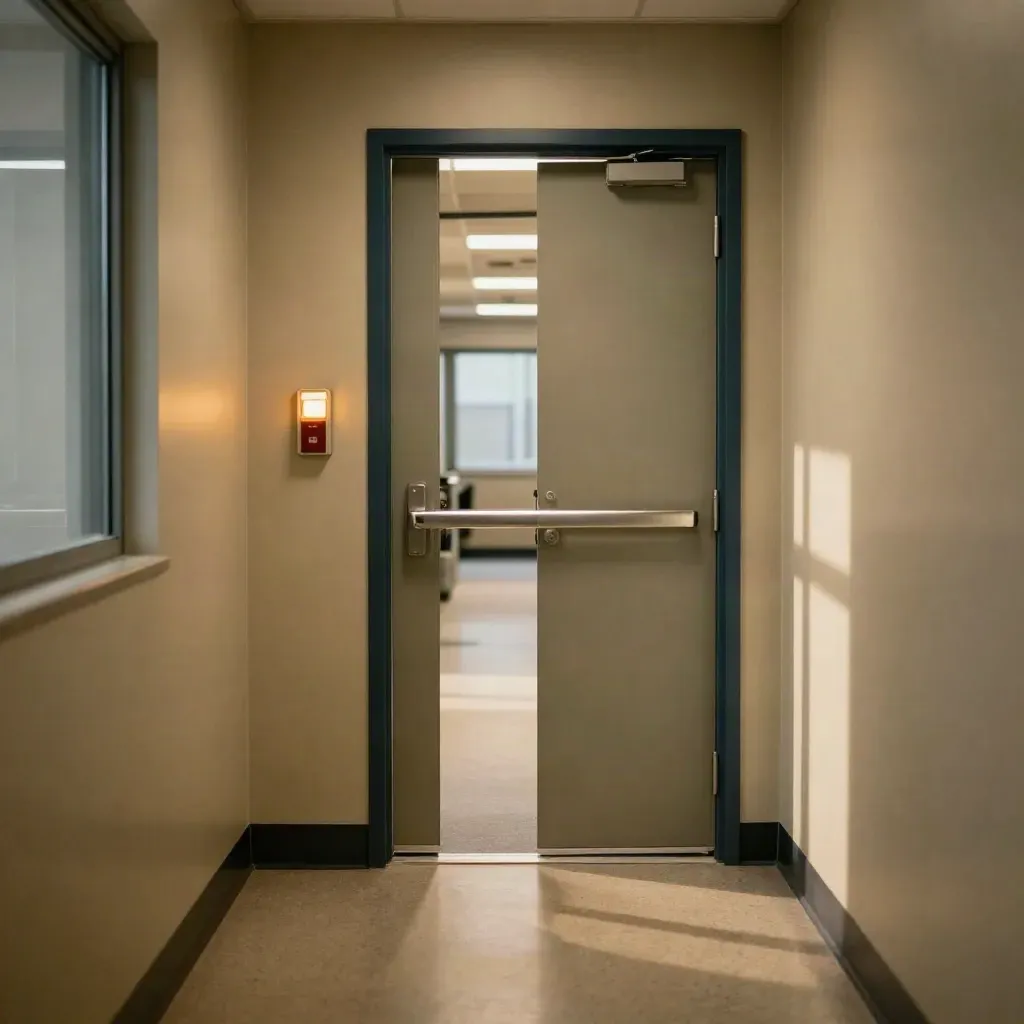 Empty office corridor with fire door and alarm panel glowing at dusk