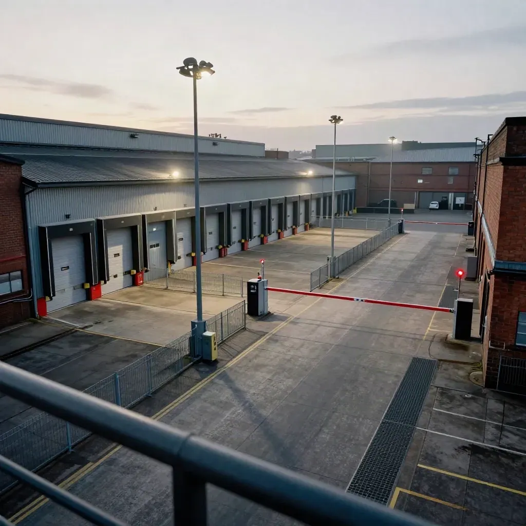 Elevated view of a warehouse loading bay, fence lines, gates, floodlights and dock edges in haze.