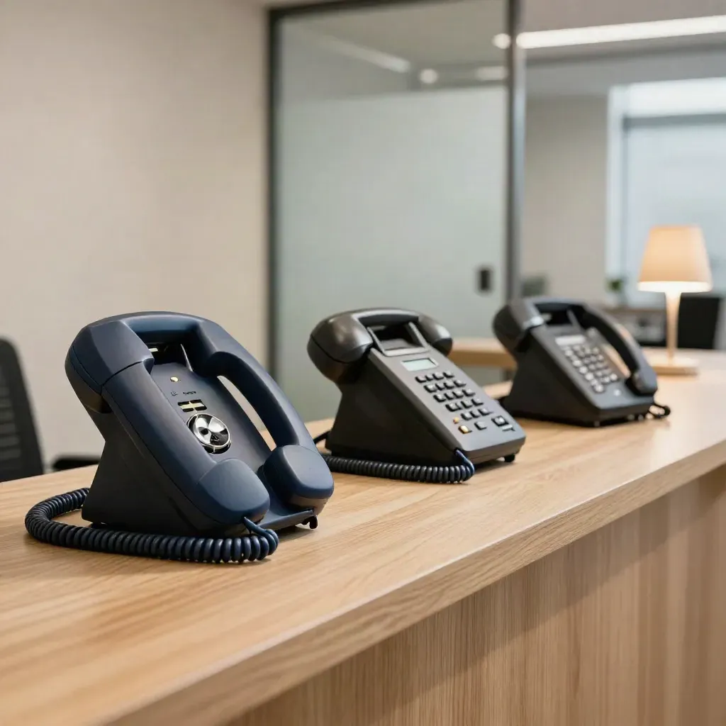 Three desk phones on a reception counter, one LED lit, in warm late-afternoon light.