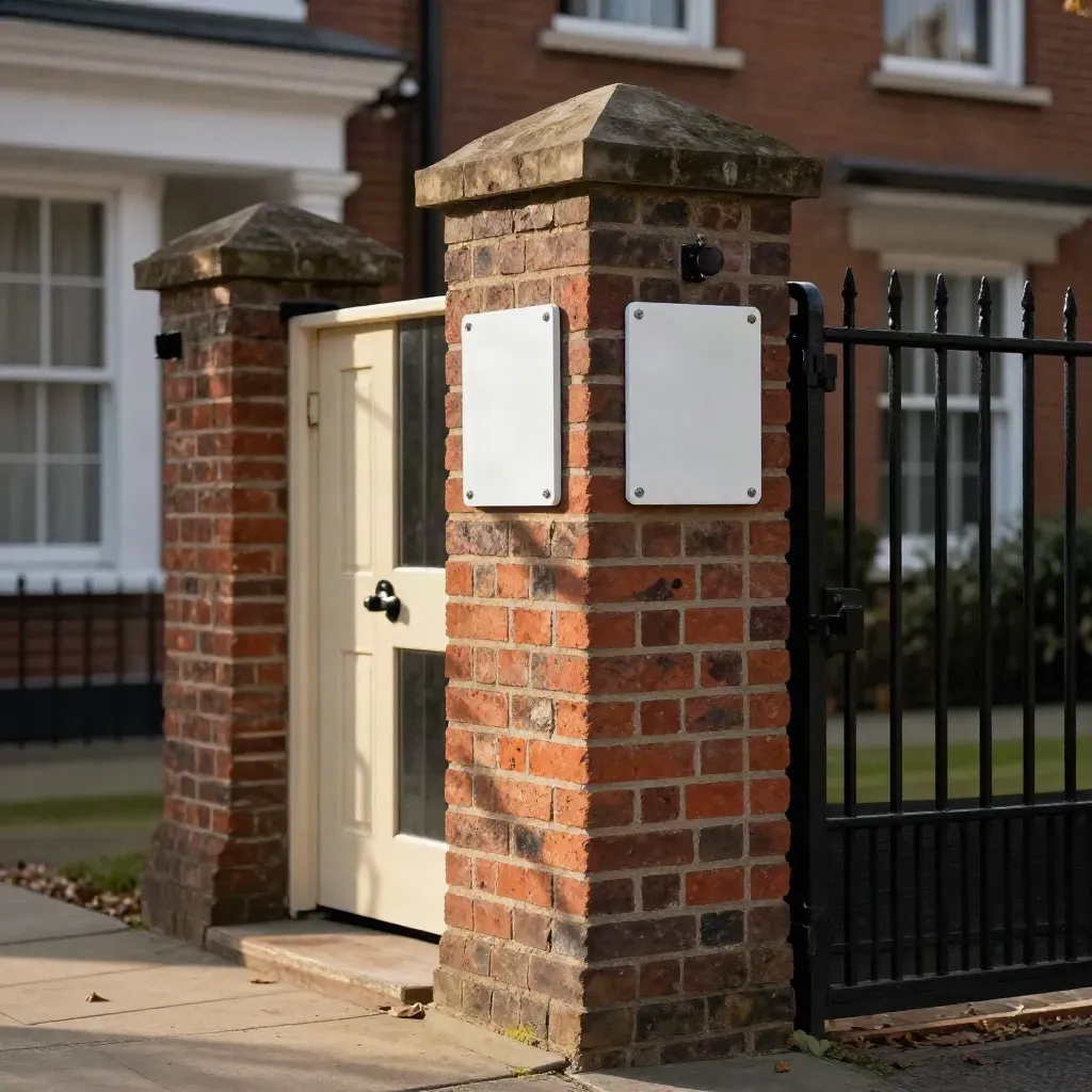 Brick gatepost with two CCTV plaques beside a doorway in dramatic light.