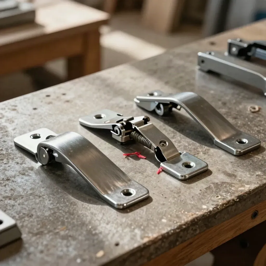 Extreme macro of door hardware parts lined on a workbench with warm workshop light