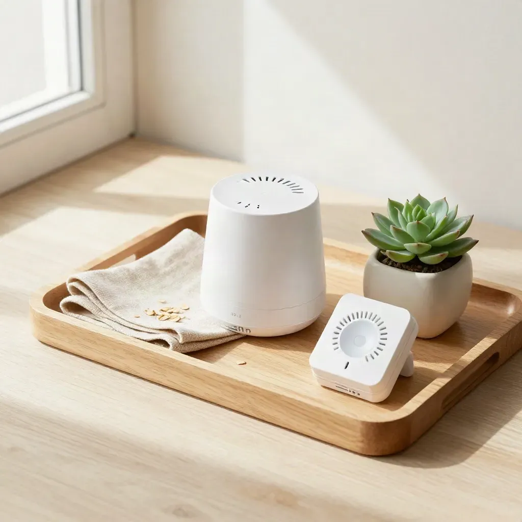 Top-down still life of a white alarm siren, motion sensor, cloth and succulent on pale oak tray.