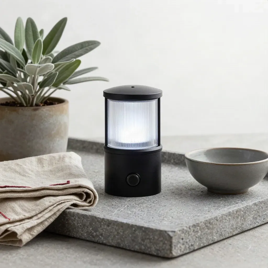 Black porch light glowing on stone with plant, linen and ceramic bowl