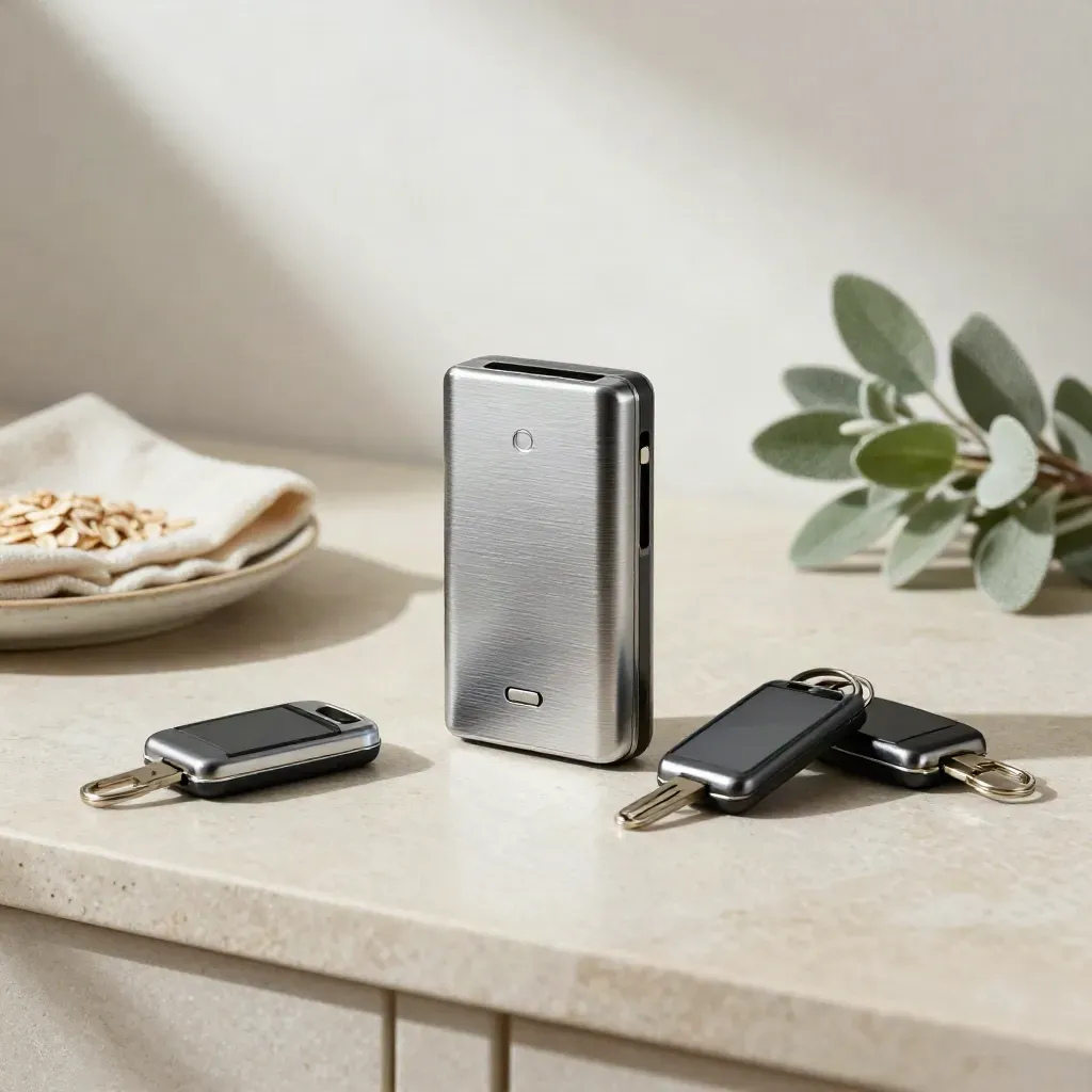Brushed RFID reader, key fobs, ceramic dish, folded cloth and plant on a pale stone sideboard.